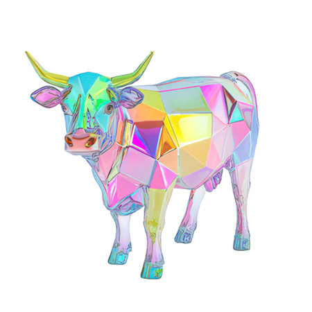 Colorful low poly cow isolated on white background. 3d renderingの素材