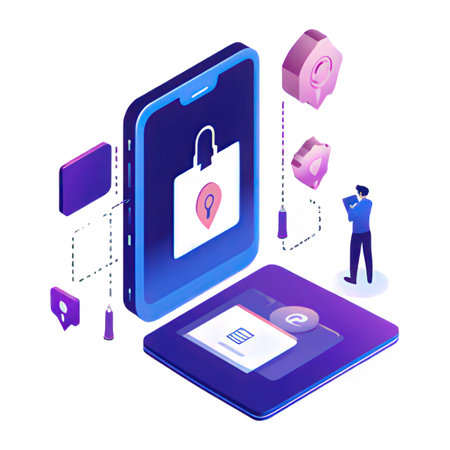 Isometric smartphone with application icons. Smartphone with padlock on screen. Vector illustration.の素材