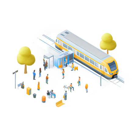 Subway station isometric vector illustration. Train station with people on the platformの素材