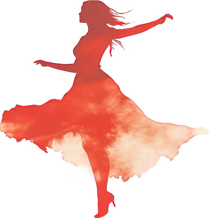 Silhouette of dancing woman in red dress on white background.の素材