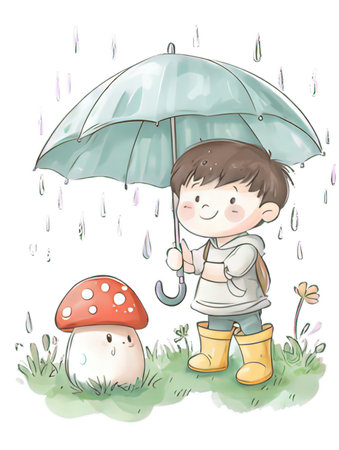 Little boy with umbrella and mushroom in the rain. Vector illustration.の素材