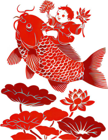 Koi fish and Chinese paper-cut works, closeup of photoの素材
