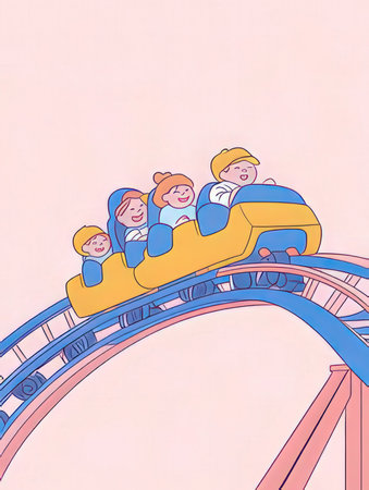 Happy family having fun on rollercoaster in amusement park. Vector illustration.の素材