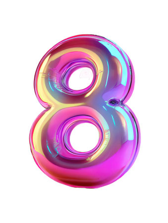 Shiny metallic number 8 - 3D render of glossy rainbow font isolated on white backgroundの素材