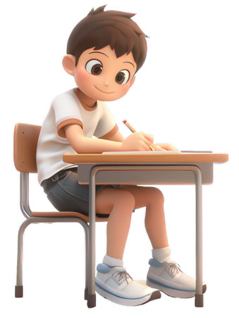 3d render of a boy sitting at his desk drawing with pencilsの素材
