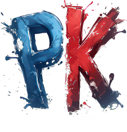 Blue and red paint splashes forming the letter isolated on white backgroundの素材