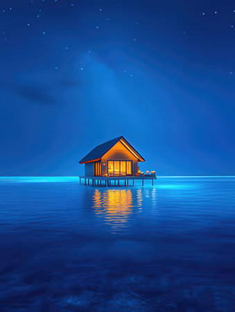 Bungalows on the water at night with stars in the skyの素材
