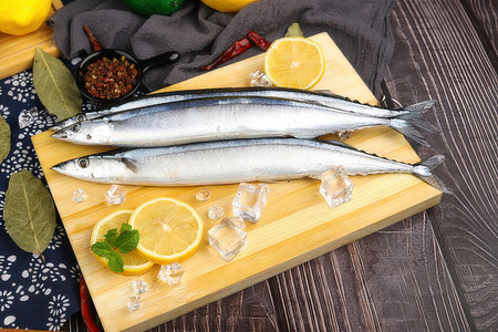 Fresh raw mackerel fish with lemon and ice on cutting boardの素材