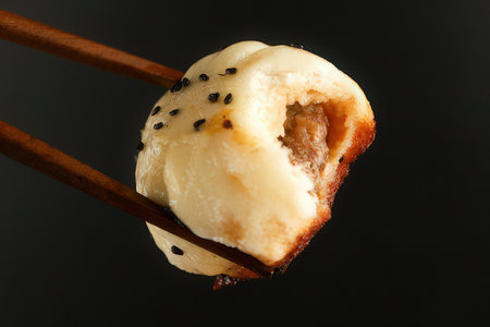 dumpling with chopsticks on a black background.の素材