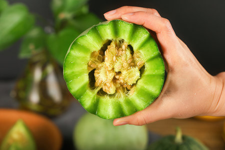 Woman holding green melon on gray background, closeup. Organic foodの素材