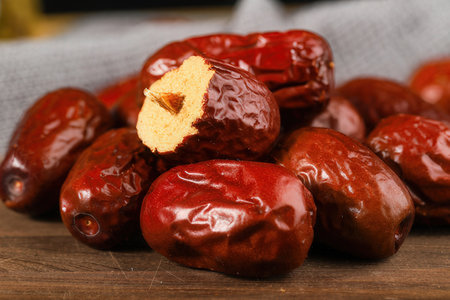 Date fruits on a wooden table. Selective focus, shallow depth of field.の素材
