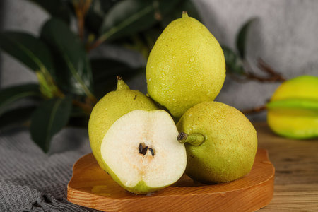 Ripe pears on a wooden plate on a gray background.の素材
