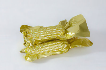 Yellow corn in a plastic bag on a white background. Close up.の素材