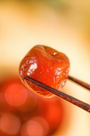 Close up of red cherry on chopsticks. Selective focus.の素材