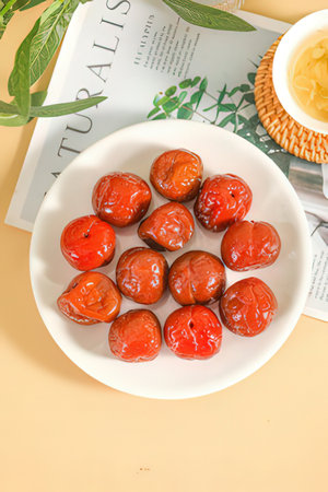 Dried jujube on a white plate with a cup of teaの素材