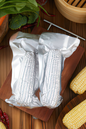 Corn cobs wrapped in aluminum foil on a wooden table. Top viewの素材