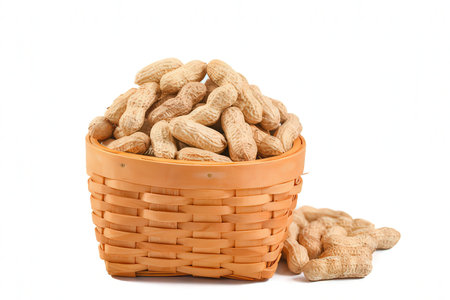 peanuts in a wicker basket on a white background, isolatedの素材