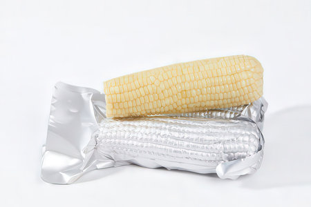 Corn on the cob in a plastic bag on a white background.の素材