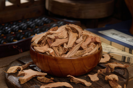 Dried mushrooms in a wooden bowl on a rustic background.の素材