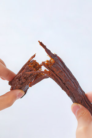 Closeup of woman's hands holding a chocolate stick on white backgroundの素材