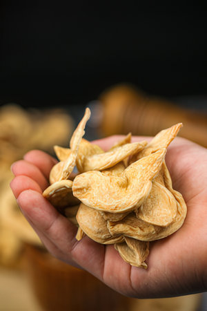 close up of a pile of dried jackfruit chips in a handの素材