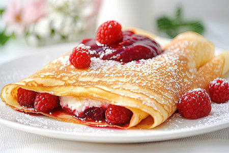 Delicious pancakes with raspberries and jam on plate, closeupの素材
