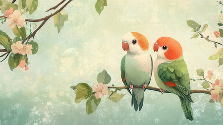 Vintage background with two parrots and blooming branch. Vector illustration.の素材