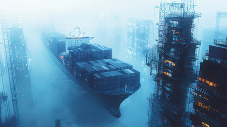 Container Cargo freight ship with working crane bridge for Logistic Import Export backgroundの素材