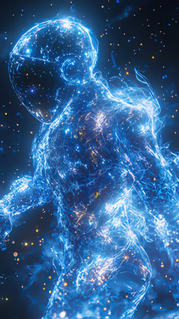 3D rendering of an alien in a spacesuit with a luminous backgroundの素材