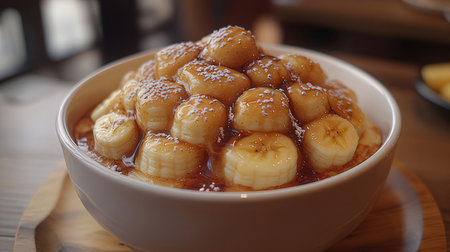 Banana with caramelized condensed milk in a bowl on wooden tableの素材