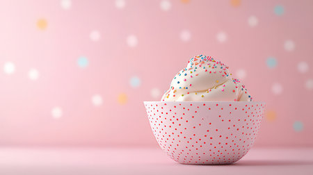 Vanilla ice cream in a bowl on pastel pink background.の素材