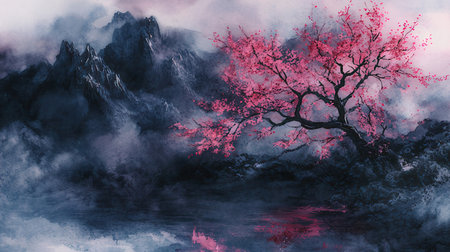 Red cherry blossom tree and mountain landscape in fog. Digital painting.の素材