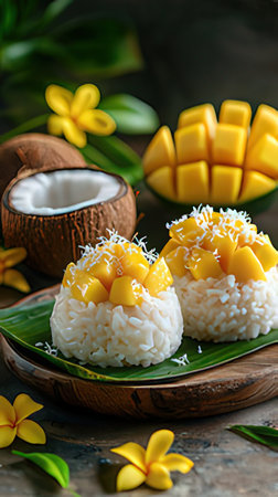 Mango sticky rice with coconut milk on a wooden background, selective focus.の素材