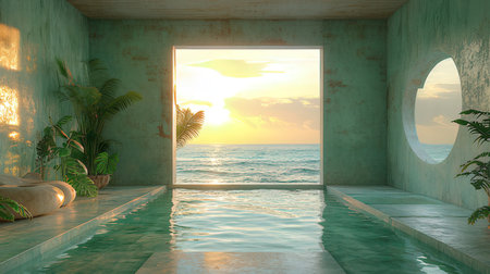 3D rendering of a swimming pool with a beautiful sunset in the backgroundの素材