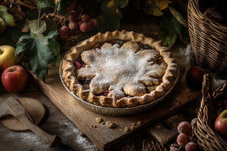 Homemade apple pie with berries and powdered sugar on rustic wooden backgroundの素材
