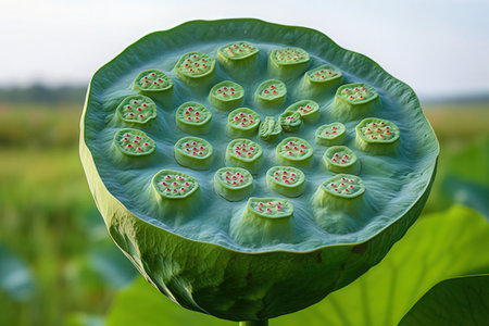 Lotus seed pods in the pond with green lotus leaf.の素材
