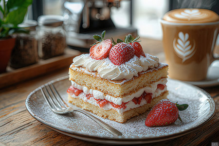 Strawberry cake with whipped cream and coffee on wooden table.の素材