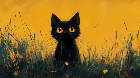 Black cat in the meadow on a yellow background. Vector illustration.の素材