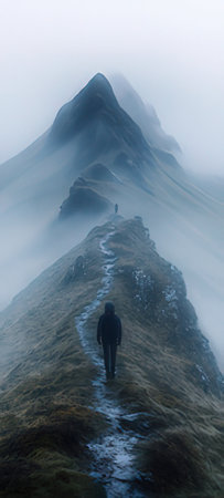 A man walking up to the summit of a mountain in the fogの素材