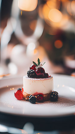 Cake with berries on a white plate on a background of Christmas lightsの素材