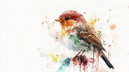 Watercolor painting of a robin bird on a white background.の素材