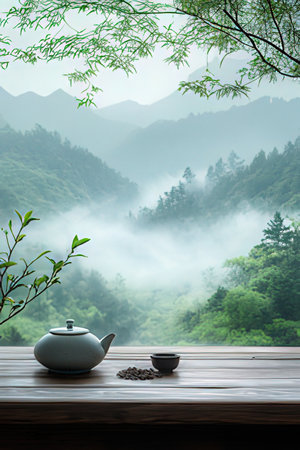 Tea set and tea cup on wooden table with misty mountain background.の素材