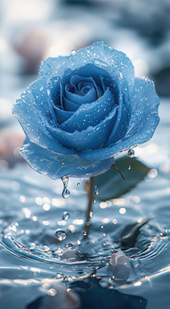 beautiful blue rose with water drops on the surface of the waterの素材