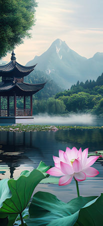 Lotus pond and pagoda with mountain background in Hangzhou, Chinaの素材