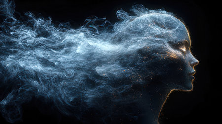 Digital 3D Illustration of a Female Face Surrounded by Blue Smokeの素材