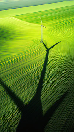 Wind turbines in a green field. Renewable energy concept. 3D illustrationの素材
