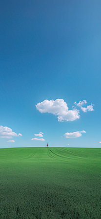 Landscape with green field, blue sky and white clouds in backgroundの素材