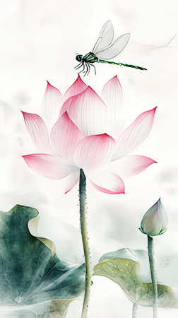Watercolor painting of lotus flower with dragonfly. Digital illustration.の素材
