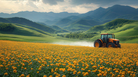 Tractor on the field of sunflowers. Agricultural landscape.の素材