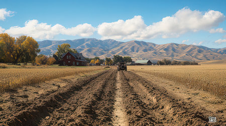 Landscape view of a farm in the middle of a cornfieldの素材